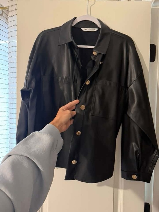 Zara Jackets & Blazers - Zara Black Faux Leather Button-Front Shirt Jacket with Gold Buttons